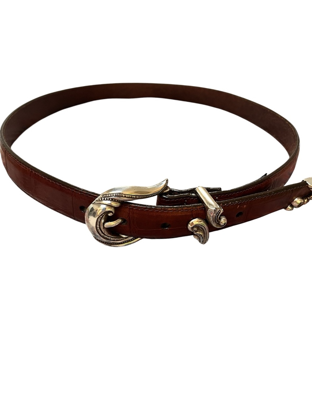 Brighton Allegro Swirl Faux Croc Embossed Brown Leather Belt L Silver Buckle
